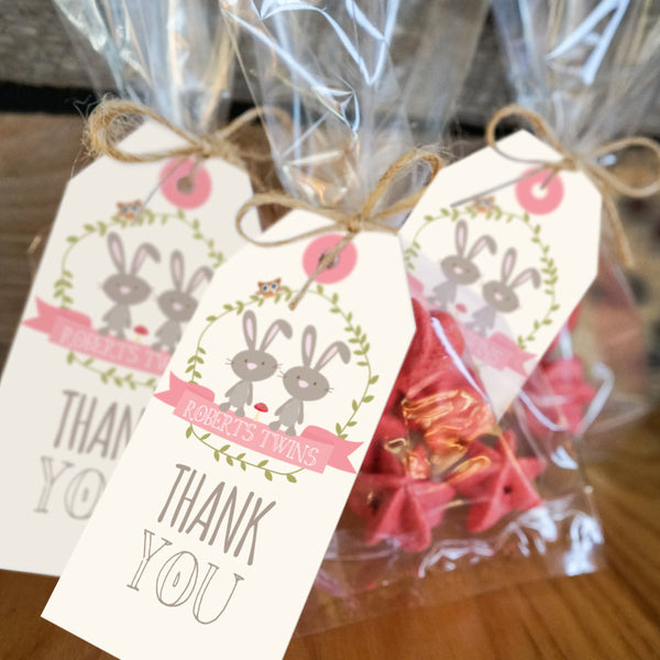 Twin Bunny Baby Shower Favor Tags | Woodland Twin Baby Shower Favors - Sunshine Parties
