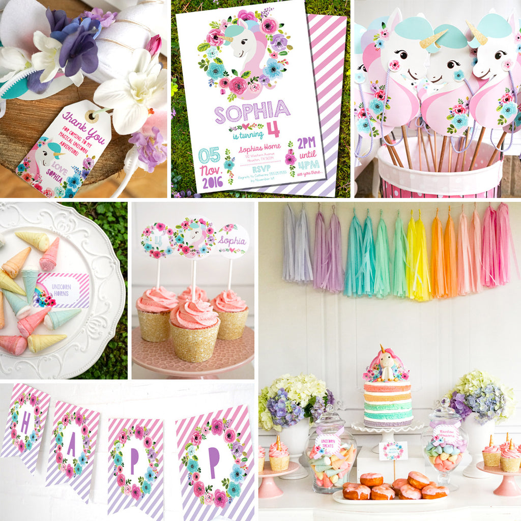  Unicorn  Birthday  Party  Decorations  Watercolor Floral 