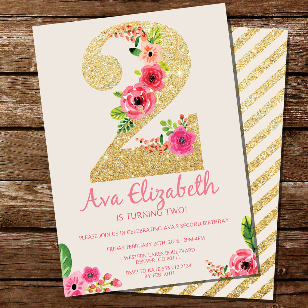 second-birthday-party-invitation-for-a-girl-gold-glitter-floral-wate