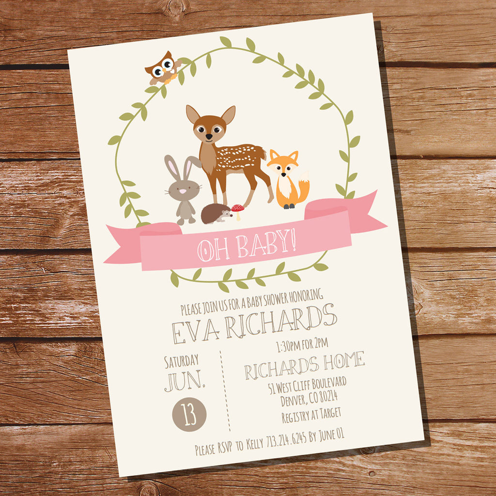 woodland baby shower invitation for a girl  pink baby shower