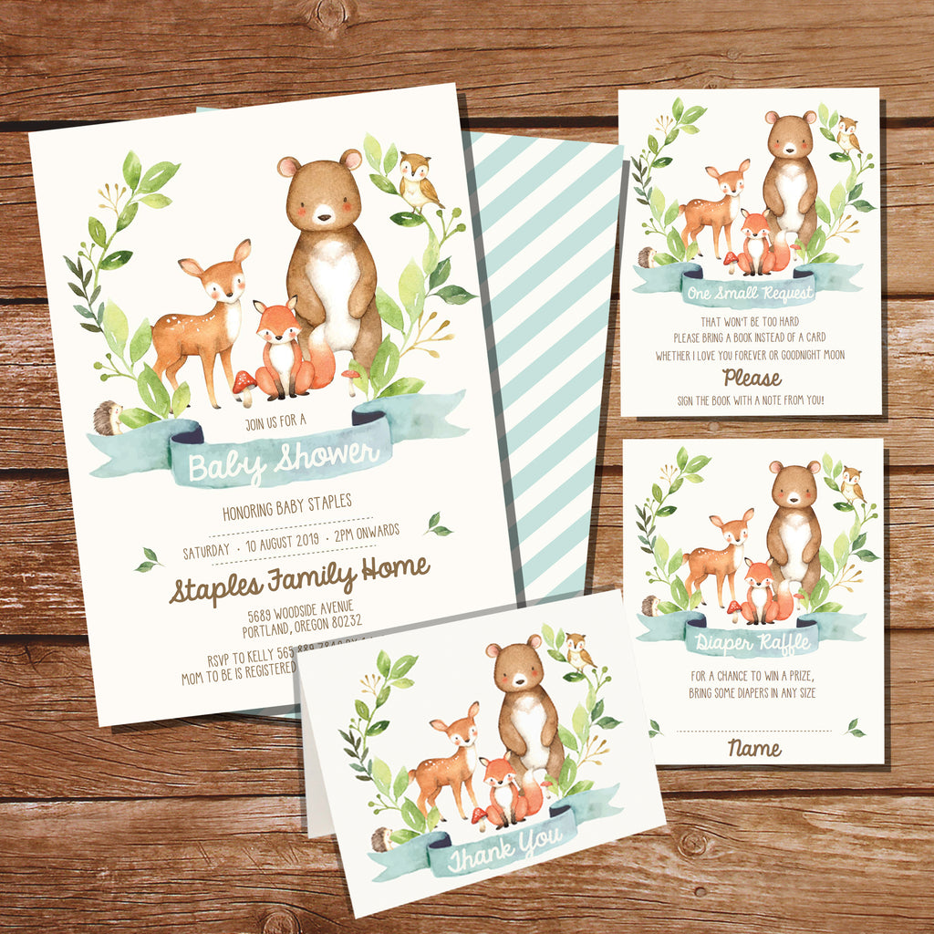 woodland baby shower invitation set  woodland watercolor