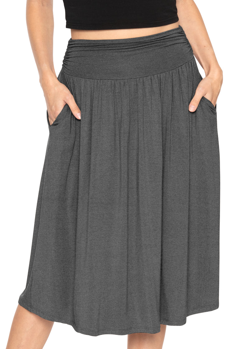 Casual Ruched Below Knee Length Midi Skirt with Pockets – Stretch Is Comfort