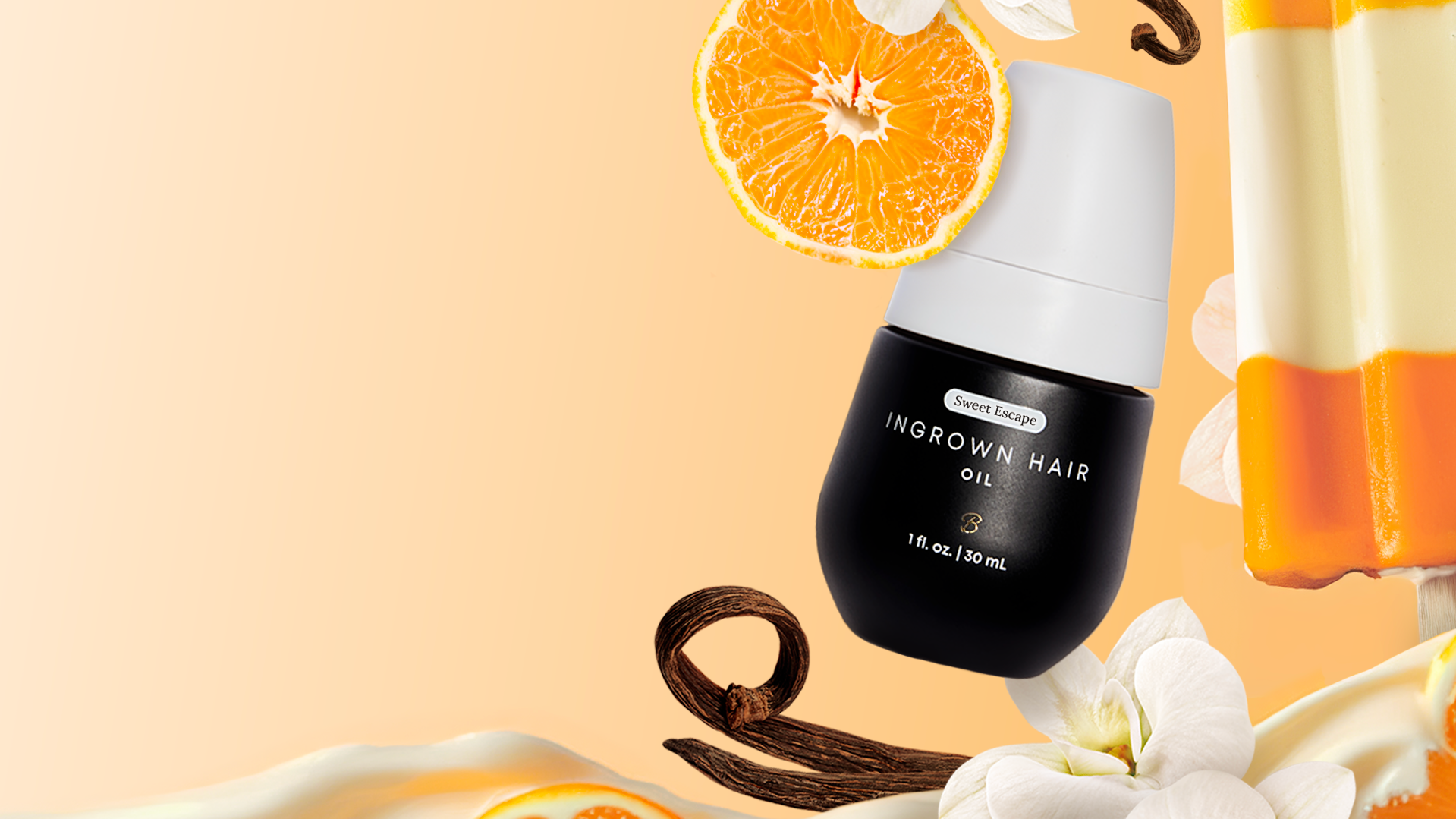 A bottle of ingrown hair oil surrounded by citrus, vanilla, and a creamsicle.