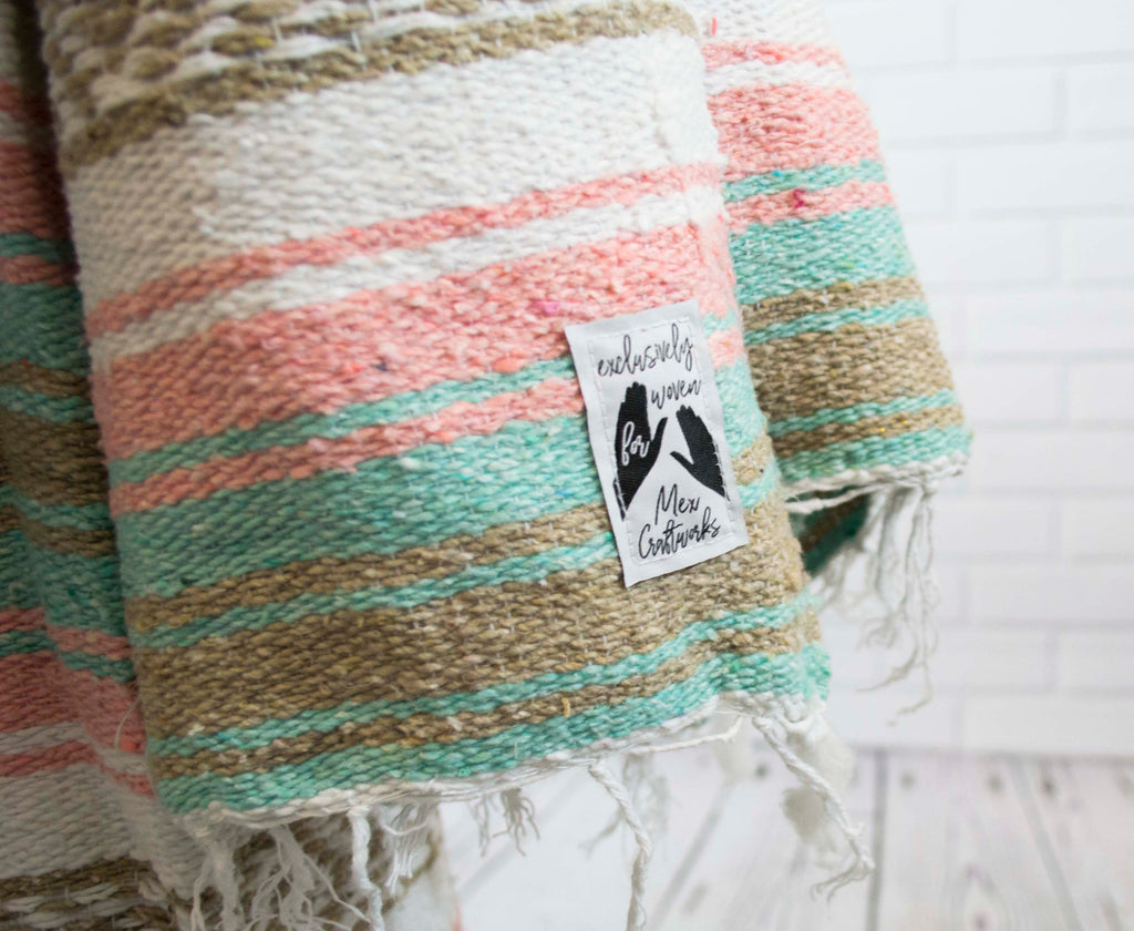 Mexican Blanket Premium Pastel Mint Coral Wheat Yoga Blanket