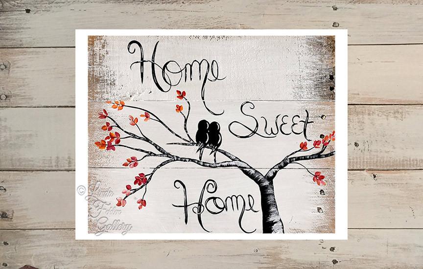 Home Sweet Home with Love Birds, Fall Colors, Art Print – Linda Fehlen