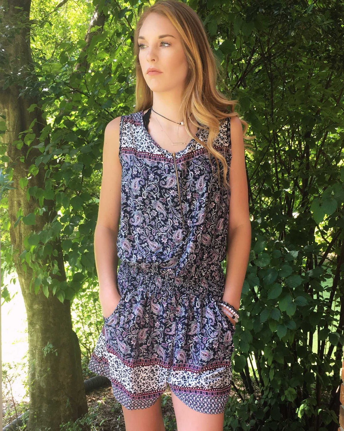 Navy and Plum Paisley Mixed Print Romper TheBrownEyedGirl Boutique