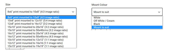 choose print size and mount colour