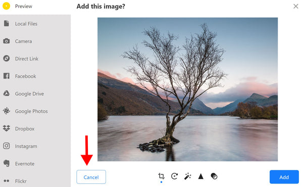 cancel image and reselect where to upload from