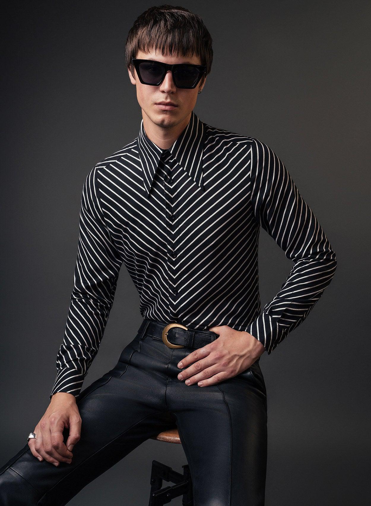 Phixclothing.com Black Symmetrical Pin Stripe Long Sleeve Viscose Shirt - Black / XXX-LARGE