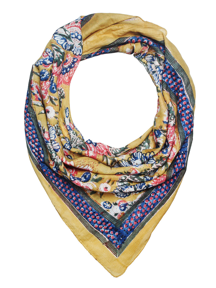 Soft cotton hand block printed scarf in pastel yellow with multi colour flowers