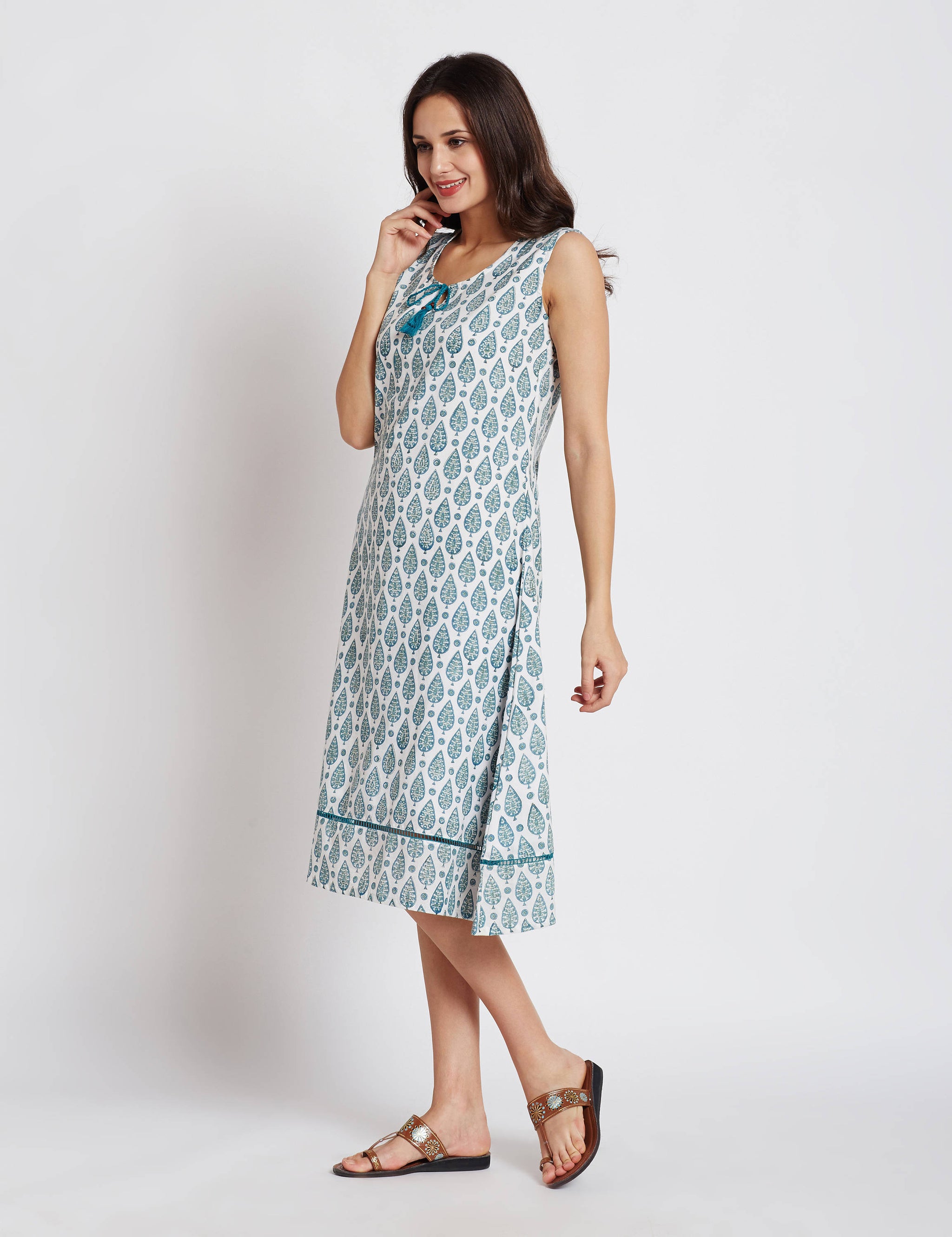 3332-Pure Cotton (60*60) One Piece Dress Sleeveless Dark Blue Color  Handblock Printed (Size: S-XXXL, 34-44)