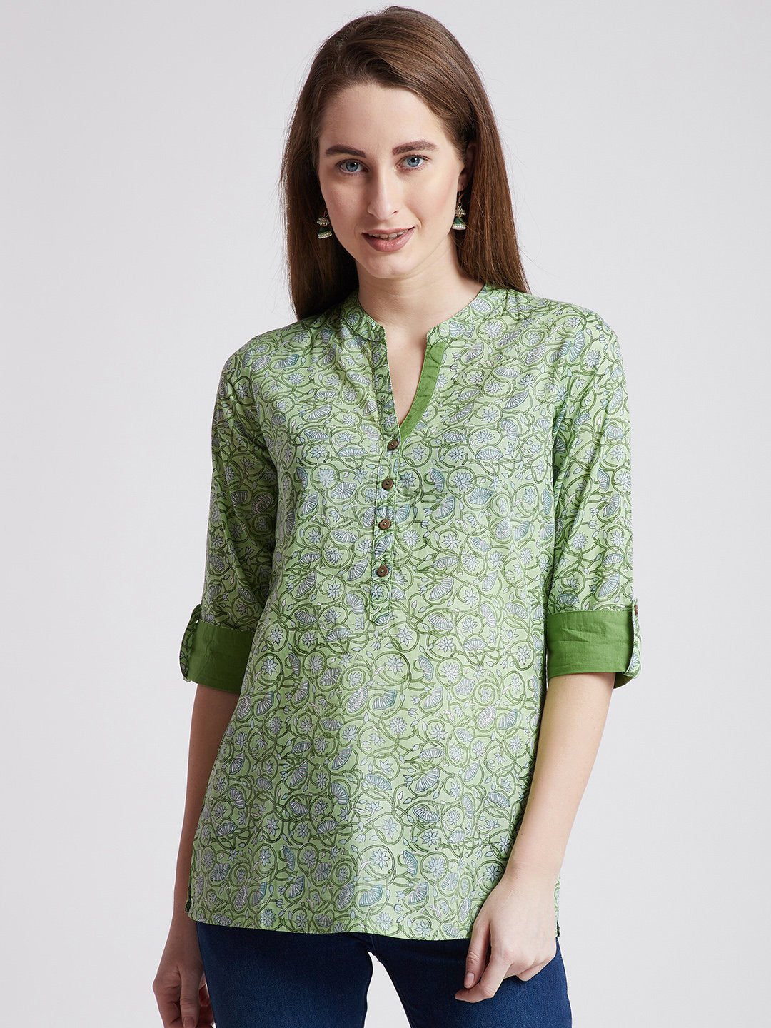 Hand Block Printed Indian Kurti in pastel green floral design with