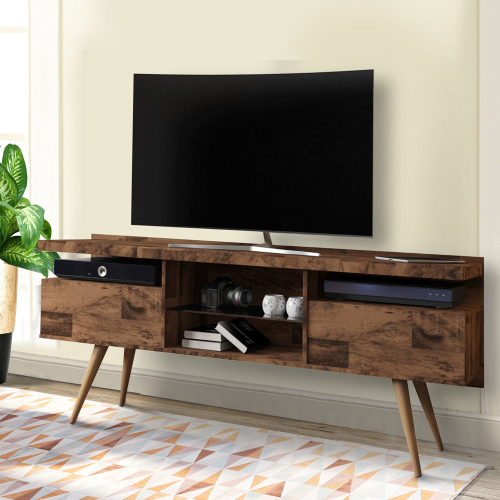 DunaWest 63 Inch Wooden Entertainment TV Media Stand with 4 Open Compartments, Brown