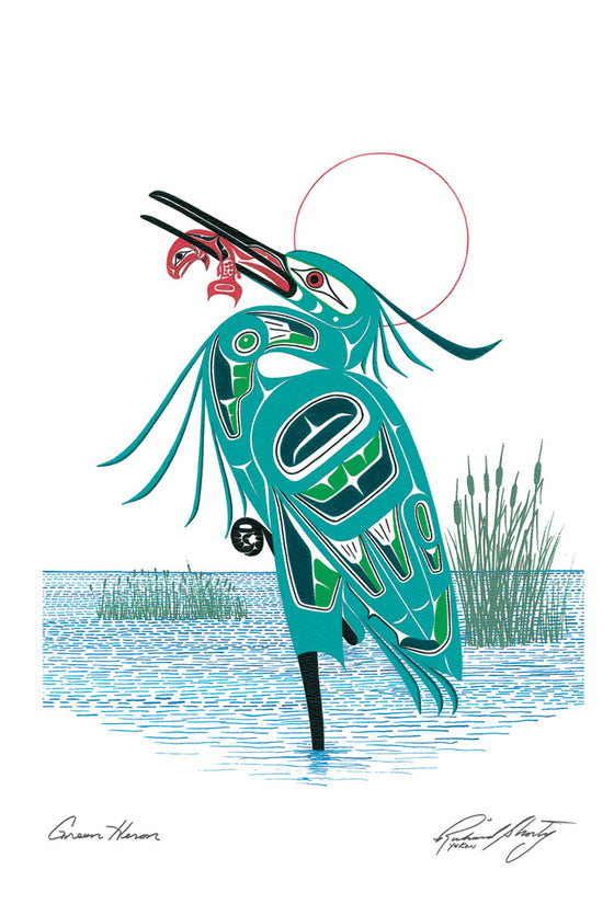 A heron stands in the middle of a lake. The heron is mainly blue green. Bright green u-shapes and white trigons form the details of its neck and wings. The heron stands on one foot, with the other curled under its body.  Its head is thrown back. It has a red fish in its beak. A thin red circle halos the heron's head. This Canadian Indigenous print was painted by Richard Shorty. He is from the Yukon's Northern Tuchone Tribe.