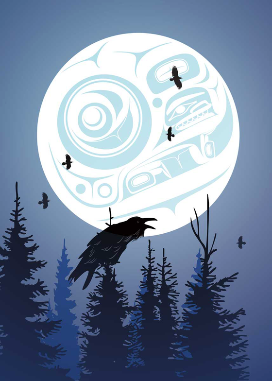 A complex first nation's moon lights up the night sky.  Below the moon, several pines trees are silhouetted. It is slightly foggy. A large croaking raven sits at the top of the center tree. In the background are five flying birds. This Canadian Indigenous print was painted by Tlingit artist Mark Preston. He was born in Dawson CIty, Yukon.