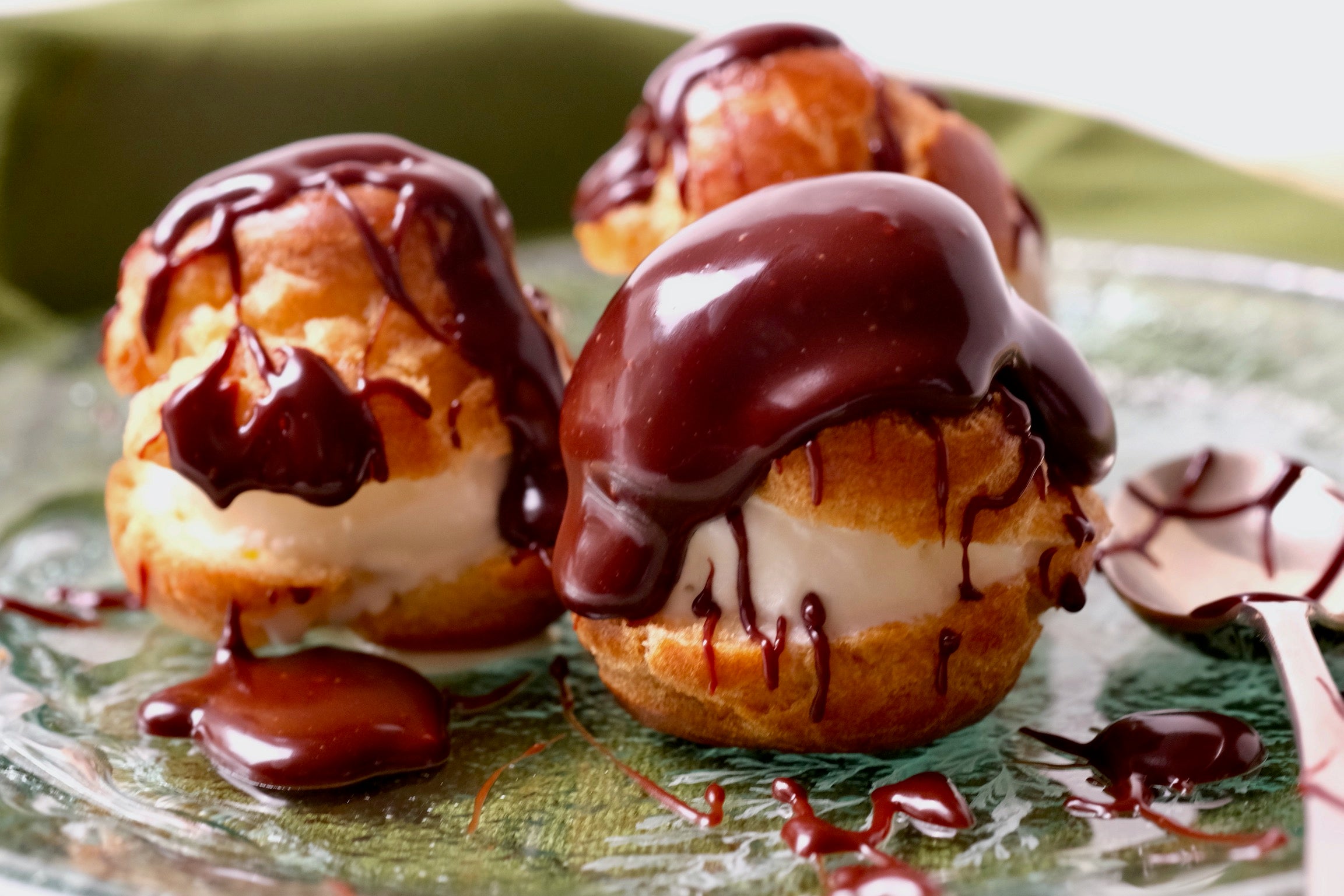 Homemade recipe - profiteroles with hot fudge