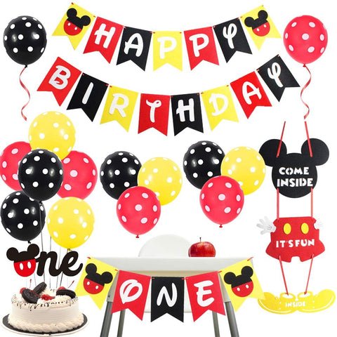 Mickey Mouse first birthday party decorations balloons high chair banner