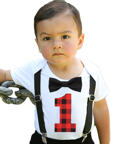 lumberjack first birthday outfit baby boy onesie buffalo plaid 