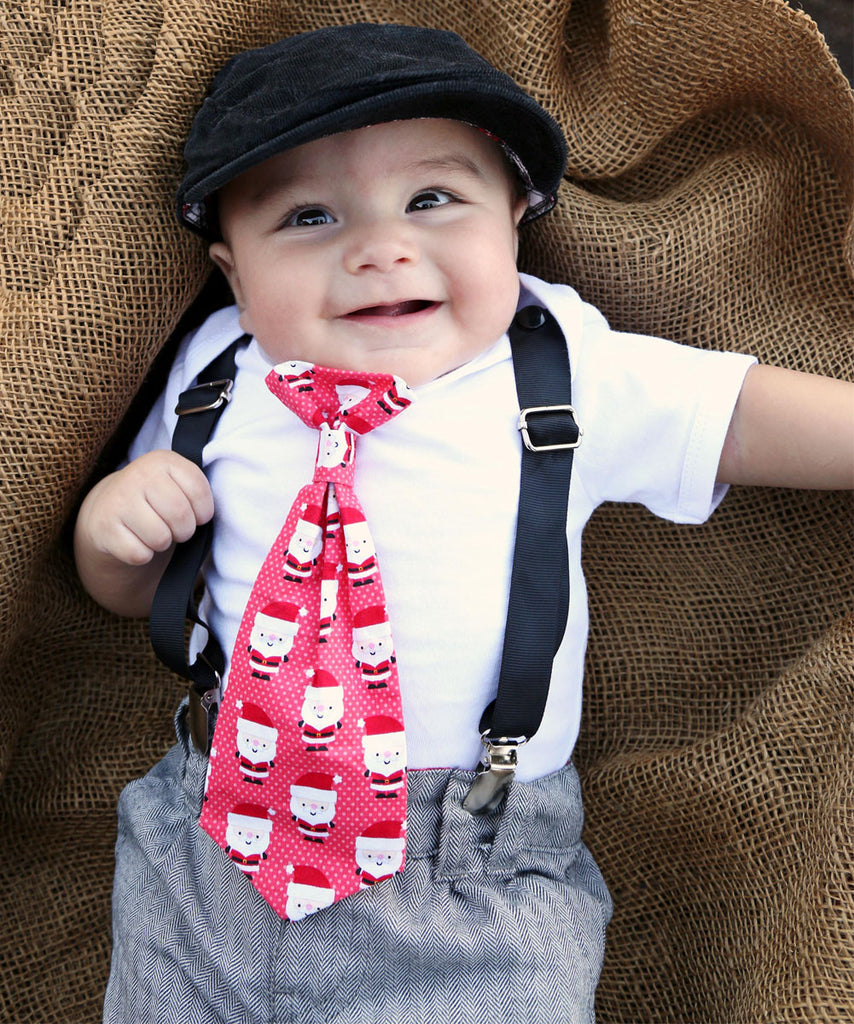 Christmas Outfit Baby Boy Santa Tie with Red or Black Suspenders – Noahs Boytique