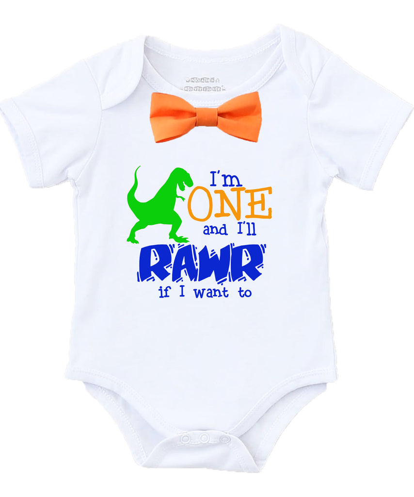 Dinosaur First Birthday Shirt Outfit Boy Rawr Orange Bow Tie