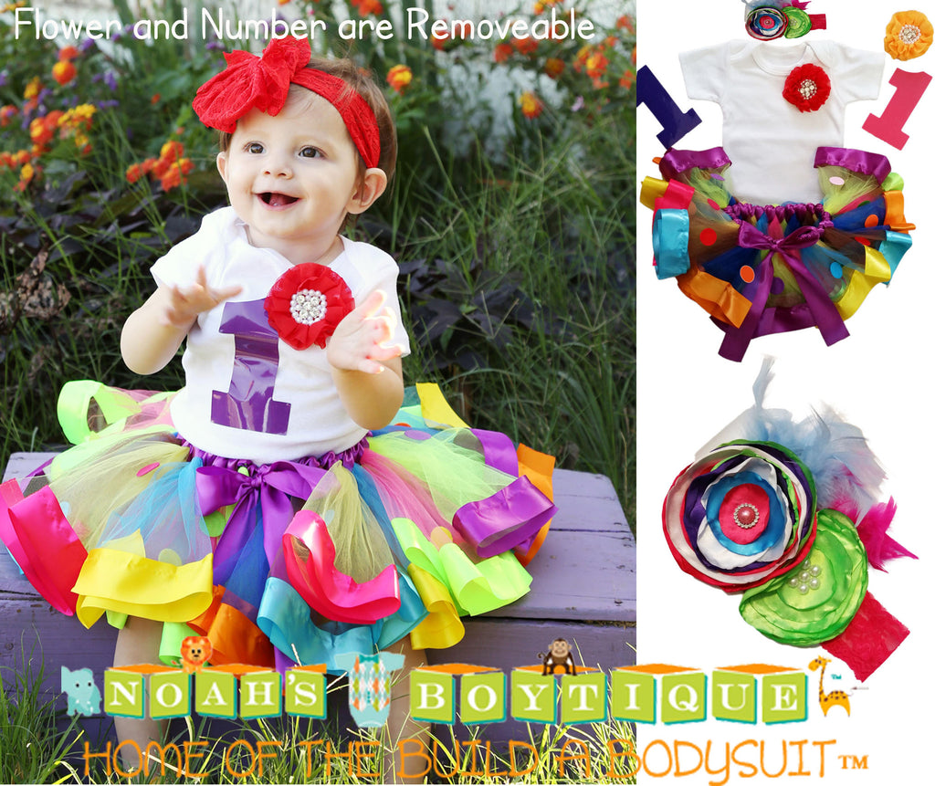 Rainbow Girls First Birthday Outfit Ribbon Tutu Colorful 1st