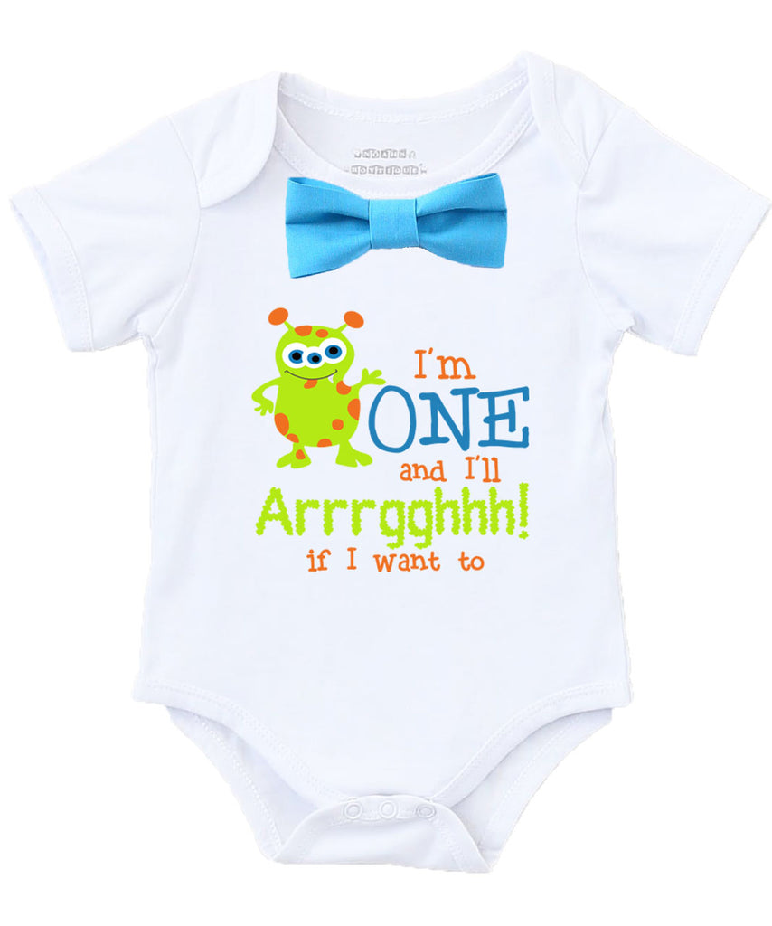 Little Monster First Birthday Shirt Outfit Boy Blue Bow Tie Cute