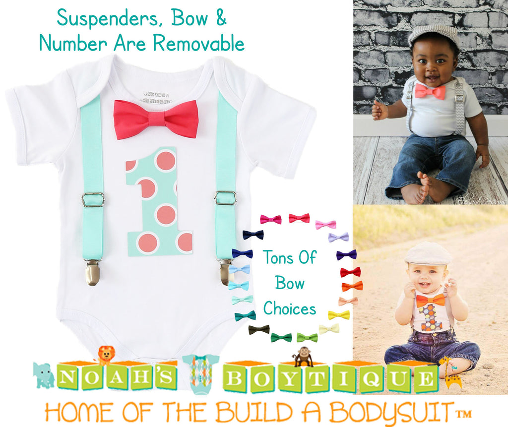Boys First Birthday Outfit Mint And Coral Polka Dot Number One