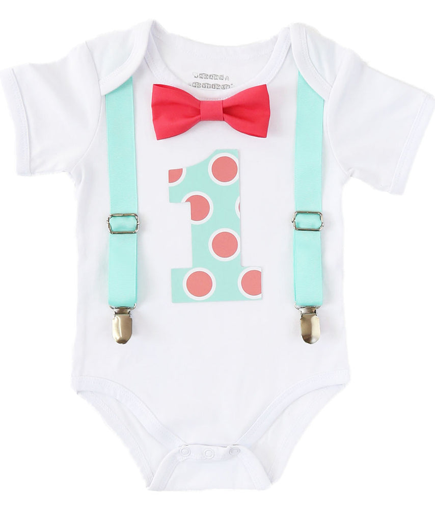 Boys First Birthday Outfit Mint And Coral Polka Dot Number One