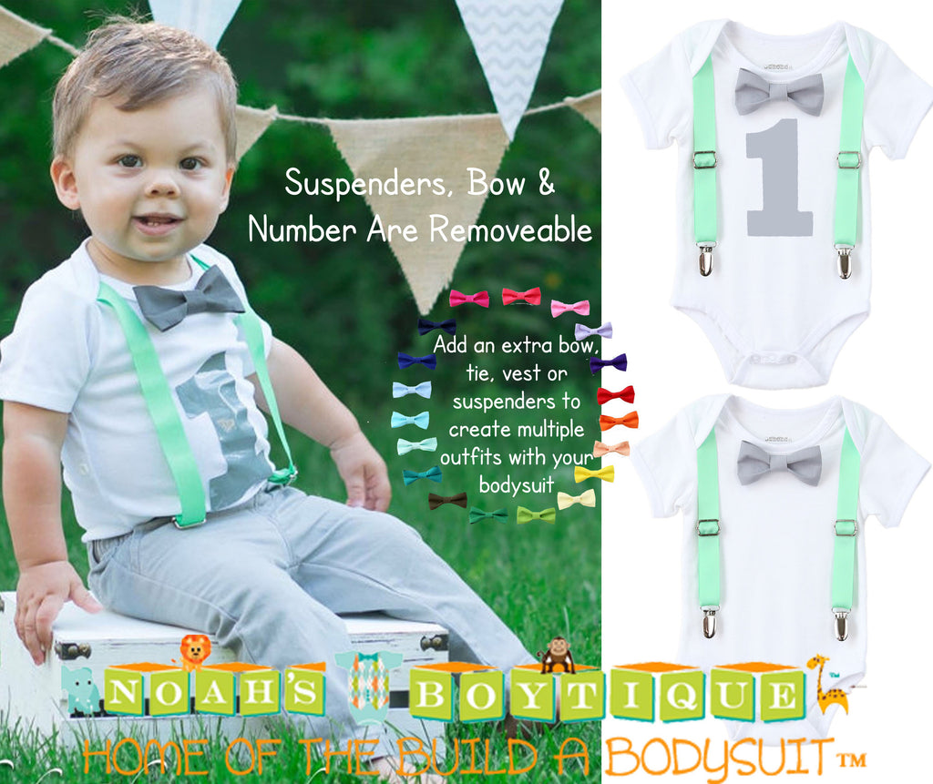 First Birthday Boy Mint And Grey Mint Suspenders Number One