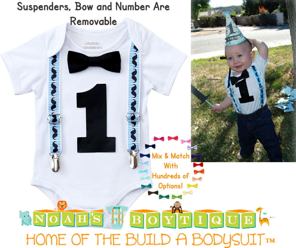 Mustache First Birthday Outfit Blue And Black Suspenders And Bow Tie