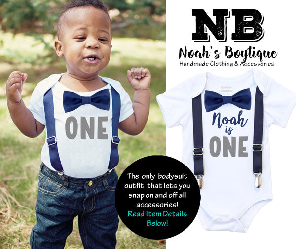 Navy And Gray First Birthday Outfit With Personalization Option