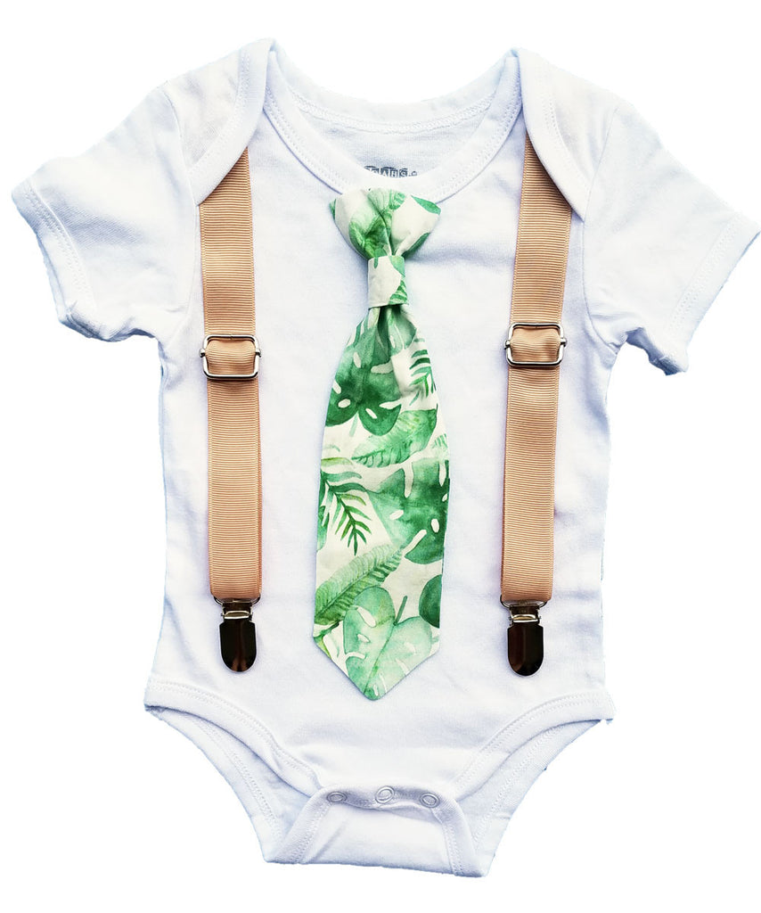 Baby Boy Summer Outfit Palm Leaf Tie And Suspenders Green And White