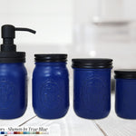 Custom Painted Mason Jar Bathroom Set, 20 Paint Colors, Shown in True Blue with Black Lids