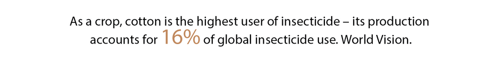 As a crop, cotton is the highest user of insecticide – its production  accounts for 16% of global insecticide use. World Vision.