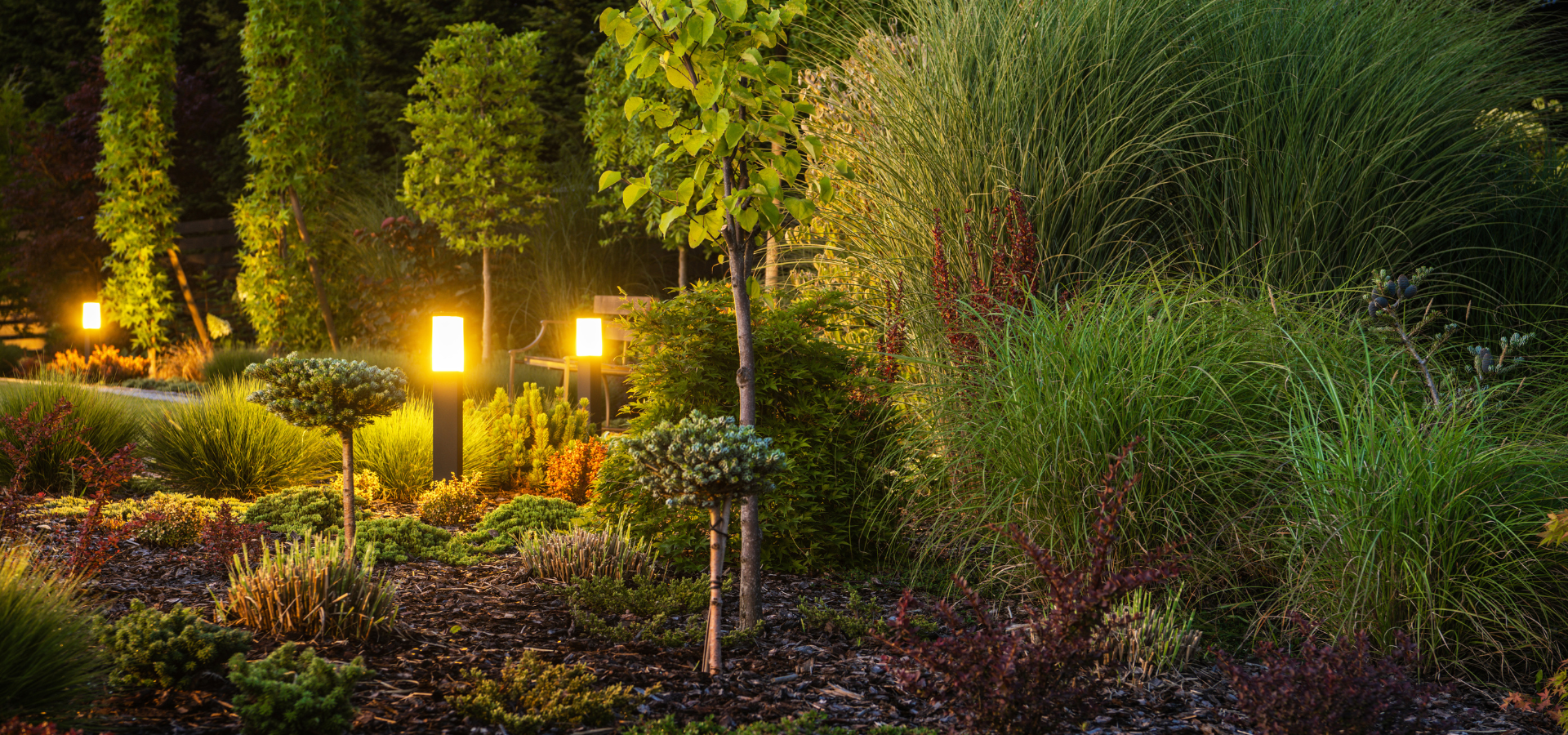 A group of bollard lights in a garden