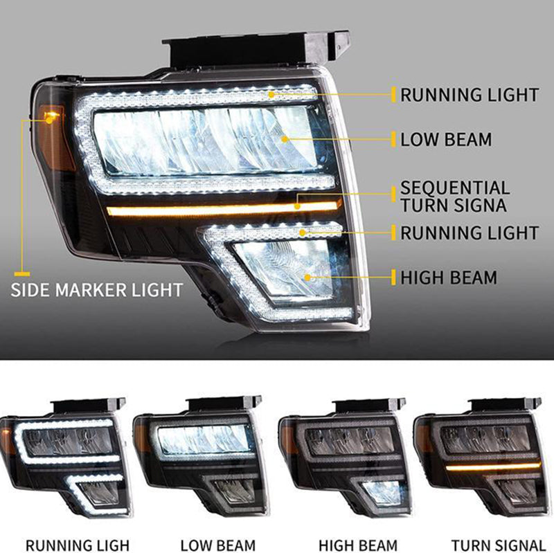 Reflective Bowl LED Headlights With DRL For Ford F150 Pickup 2009-2014