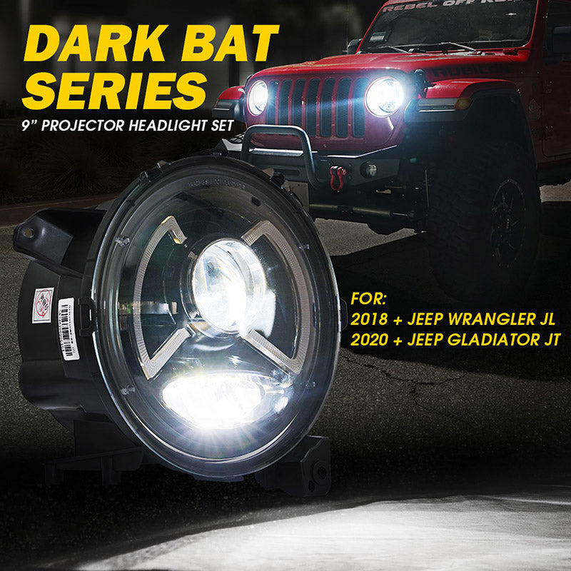 Crawlertec 9" Round Dark Bat Series CREE LED Headlights with DRL For 2018+ Jeep Wrangler JL & Gladiator JT