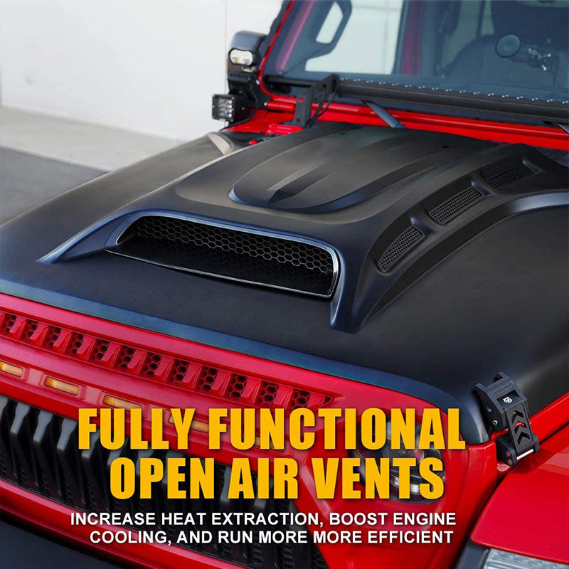 Piranha Series Hood with Functional Air Vents for 2018+ Jeep Wrangler JL and Gladiator JT