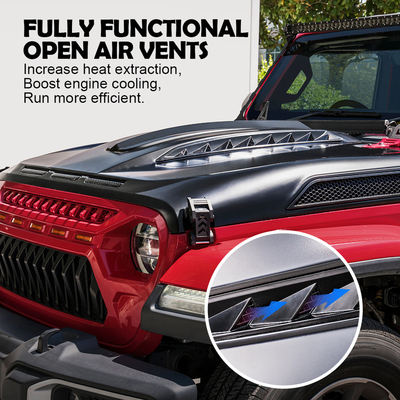 Crawlertec Unleash Series Hood with Functional Air Vents for 2018+ Jeep Wrangler JL and Gladiator JT