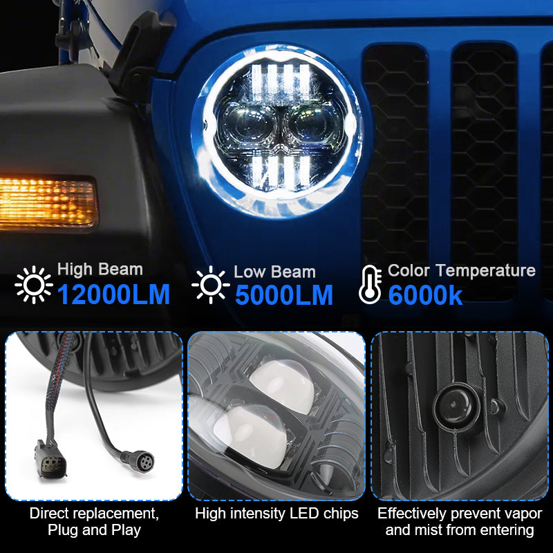 High-output Jeep LED headlights feature clear lenses for optimal visibility. Enjoy plug-and-play convenience, enhancing your driving experience.