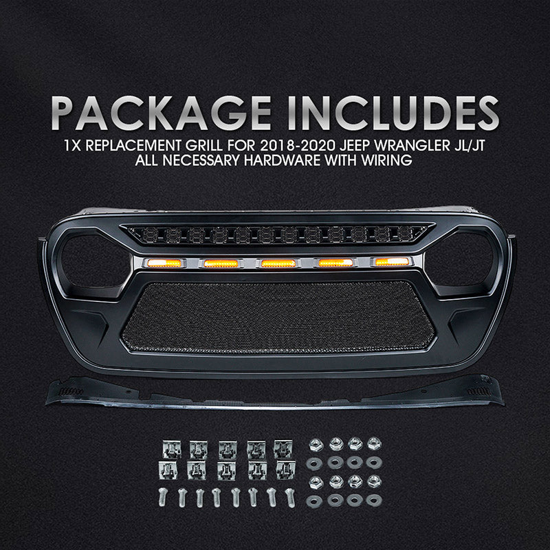 Crawlertec Black Gladiator Mesh Grille with Amber LED Running Lights for 2018-2020 Jeep Wrangler JL JT