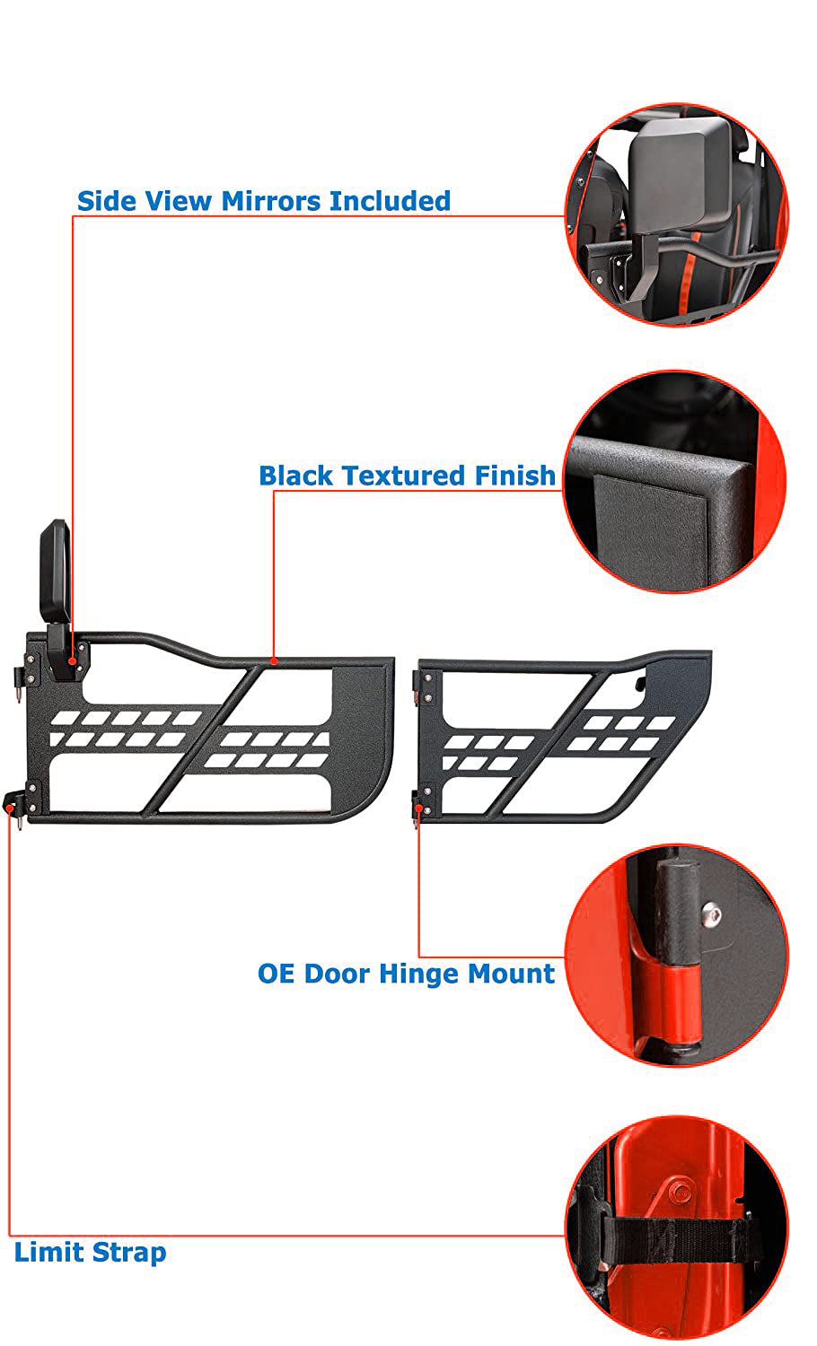 Beast Style Tubular Door with Side View Mirror for 2007-2018 Wrangler JK 4 Door