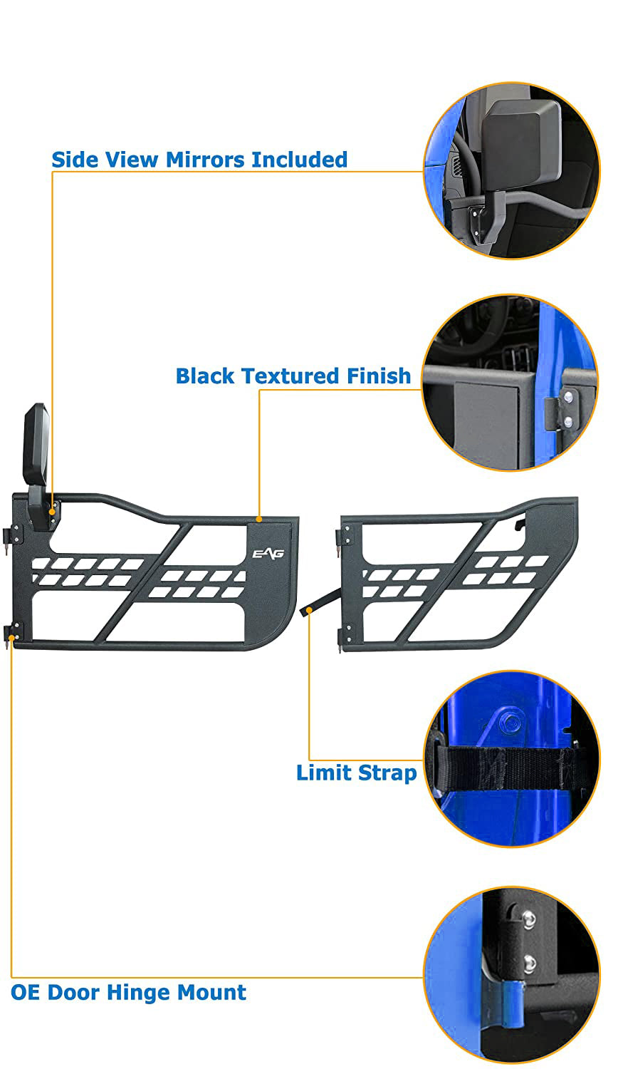 Beast Style Tubular Door with Side View Mirror for 2018-Later Wrangler JL 4 Door