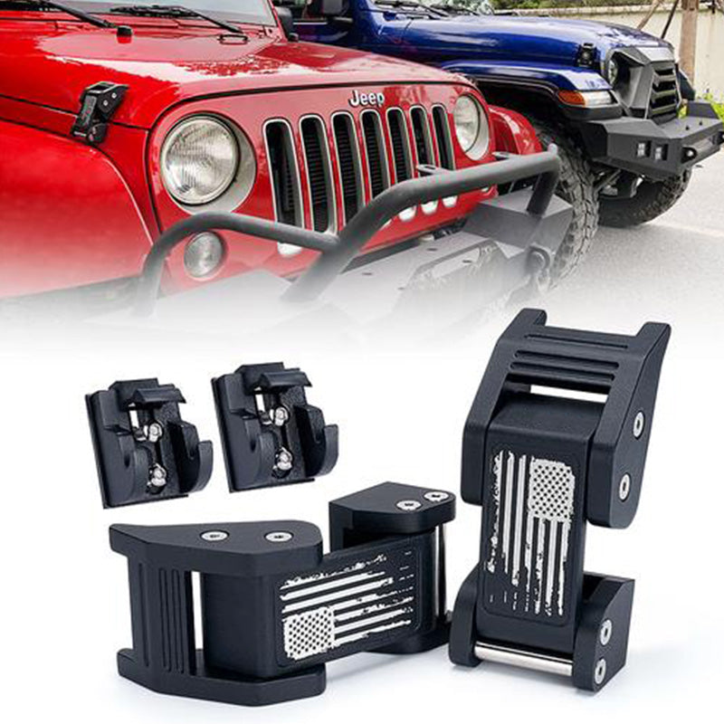 Black Aluminum Hood Latch Kit with Distressed U.S. Flag for 2007-2018 Jeep Wrangler JK & 2018-2020 Jeep Wrangler JL