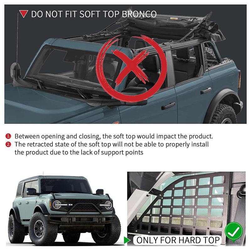 The 2023 ford bronco molle panels fit 2021 2022 2023 Ford Bronco 4 Door, not for soft top, not for Bronco Sport, 2 Door