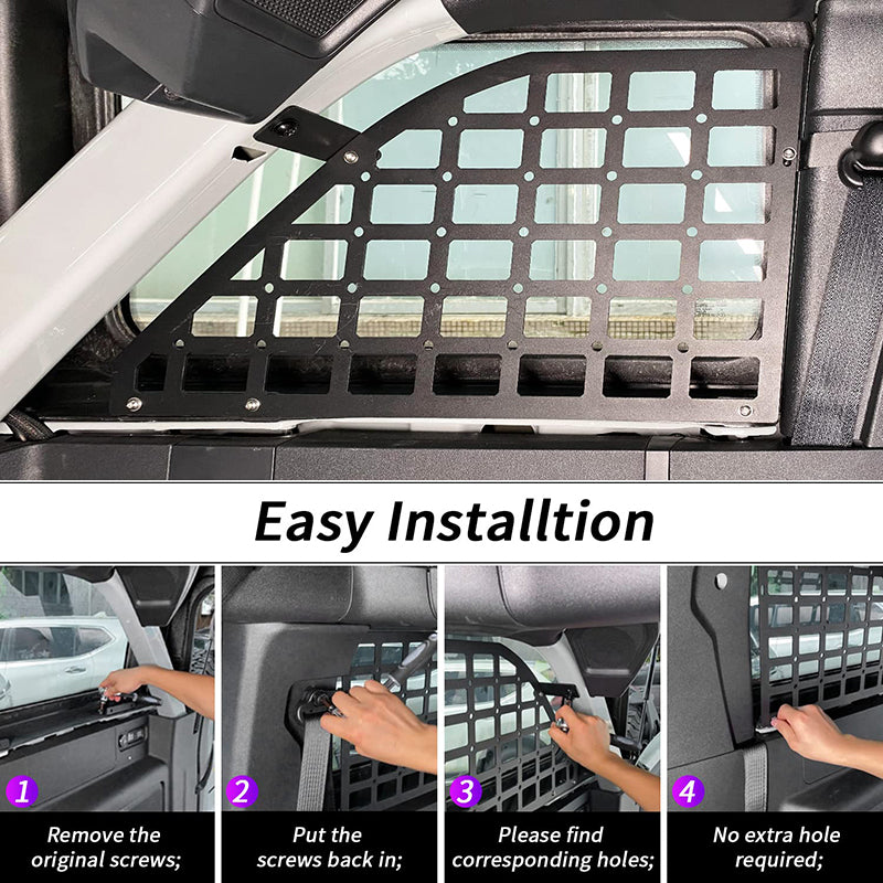 2022 Bronco Molle is easy to install and use, no drilling/ modifications required. Simply install the kit on the corresponding position on the trunk with the tools(came with the package).