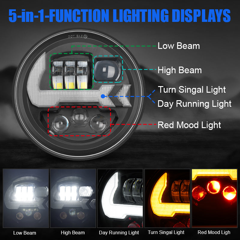 7inch LED Headlights With DRL & Turn Signals & Red Mood Lights