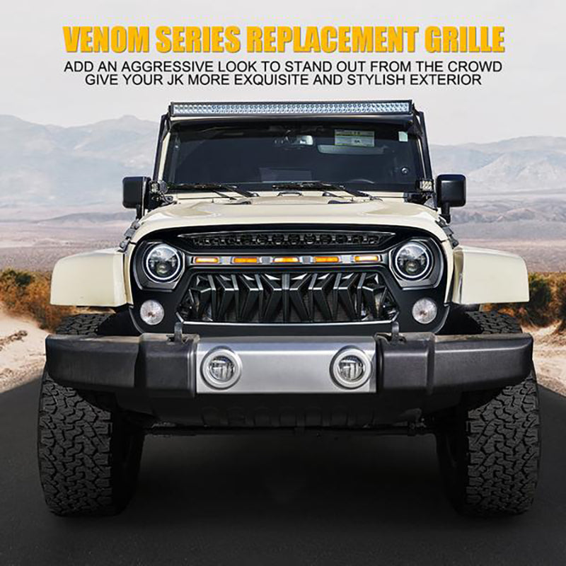 Venom Series Replacement Grille with LED Running Lights for Jeep Wrangler 2007-2018 JK