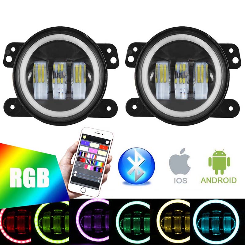 Crawlertec Bluetooth 4" CREE LED Fog Lights with RGB Halo Angle Eye For Jeep JK/JL/JT