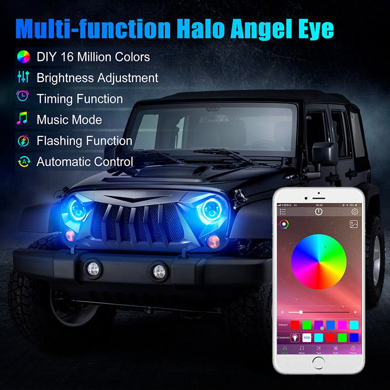 7" LED Headlights with RGB Halo Angel Eye App Or Remote Control for 1997+ Jeep Wrangler